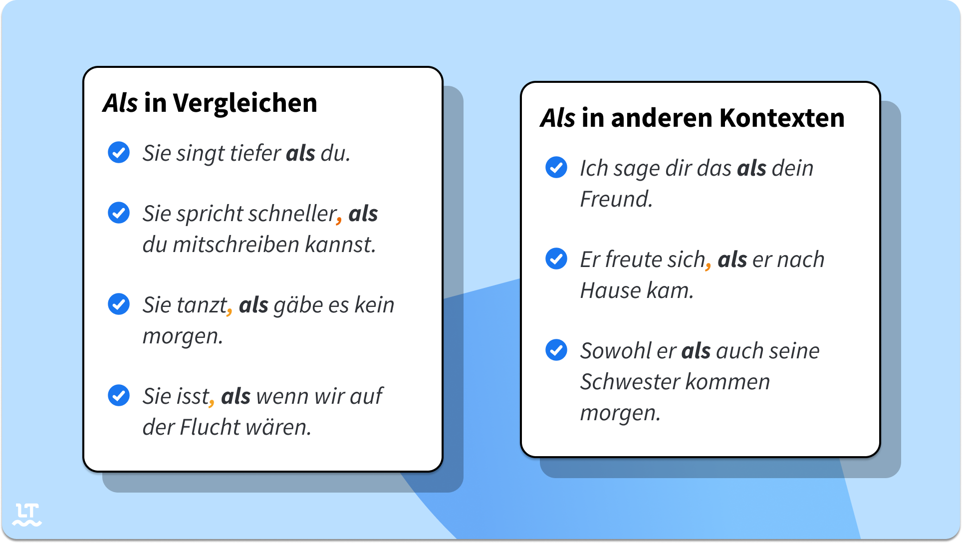 Vier Fälle decken „als“ in Vergleichen und drei weitere decken „als“ in anderen Kontexten ab.