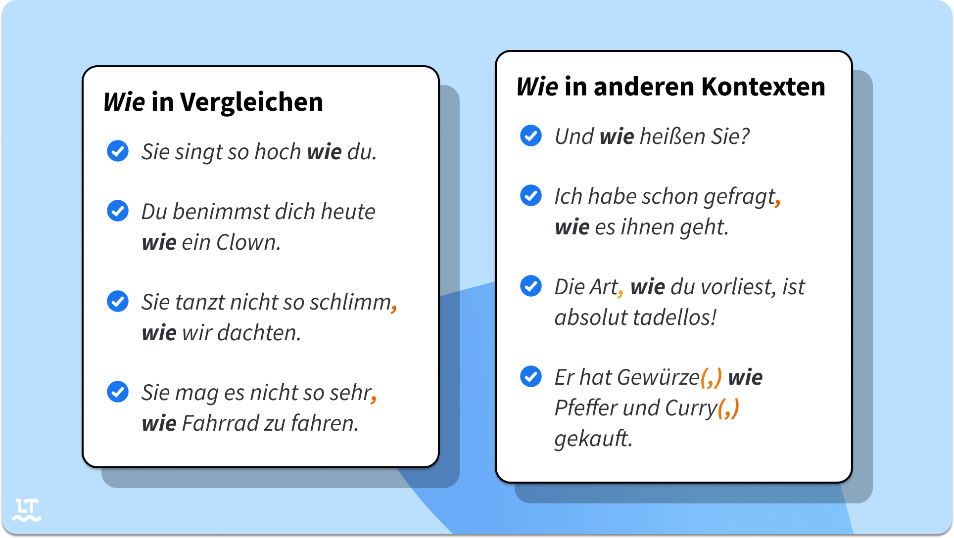 Merken Sie sich diese vier Fälle mit Kommas vor dem „wie“ und die vier ohne. 