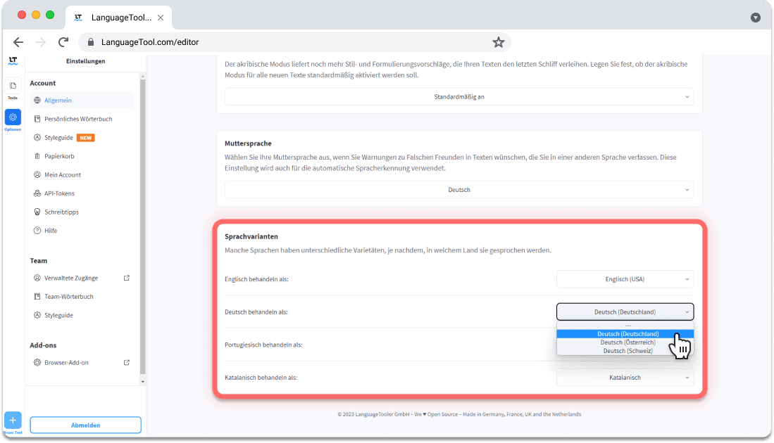 Screenshot 4: Sie können für einige Sprachen auch gewisse Varietäten als Standard einstellen.