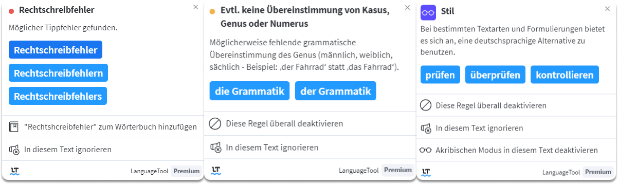 Die Fehlerkarten geben Aufschluss über Fehlerart, Erklärung und Korrekturen.