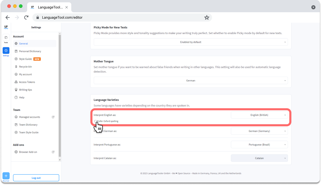 Choose Oxford spelling in your LanguageTool settings