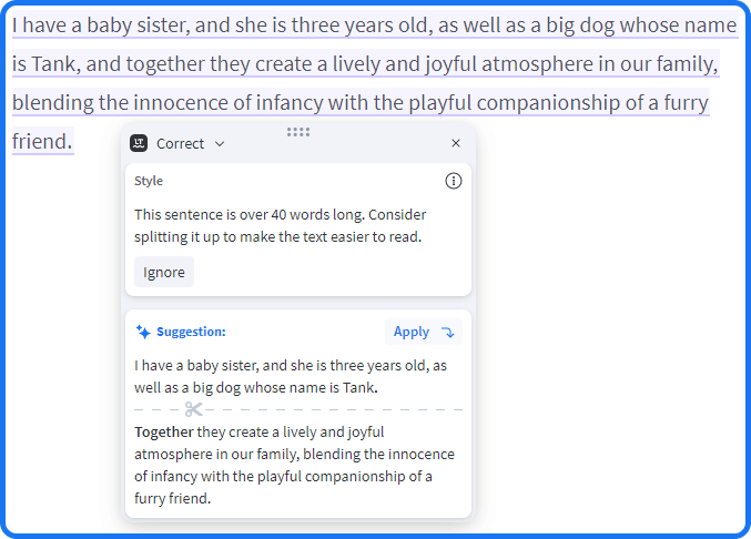 Screenshot shows a long sentence with LanguageTool's recommendation of splitting them in two.