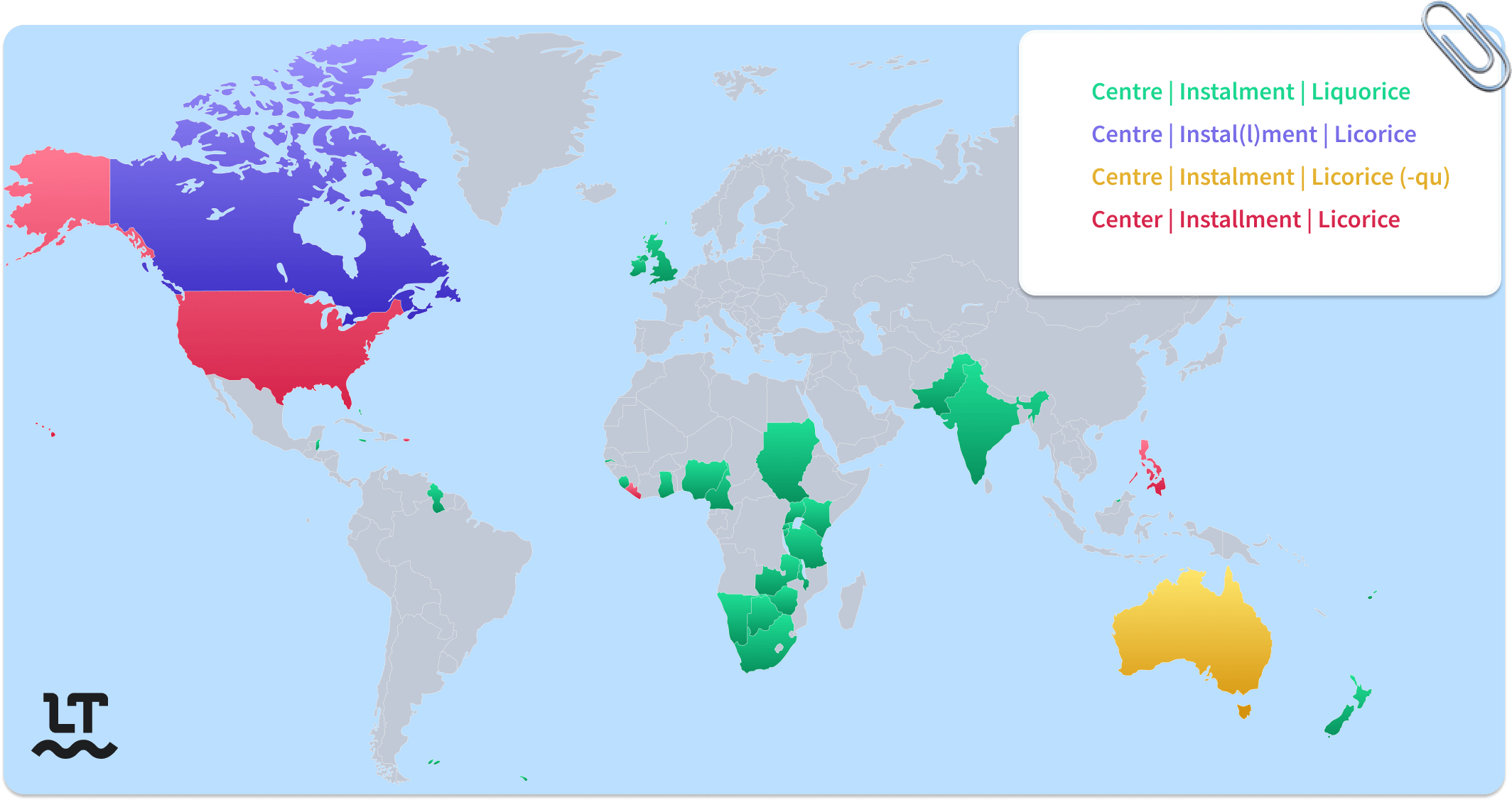 Centre or center around the globe?