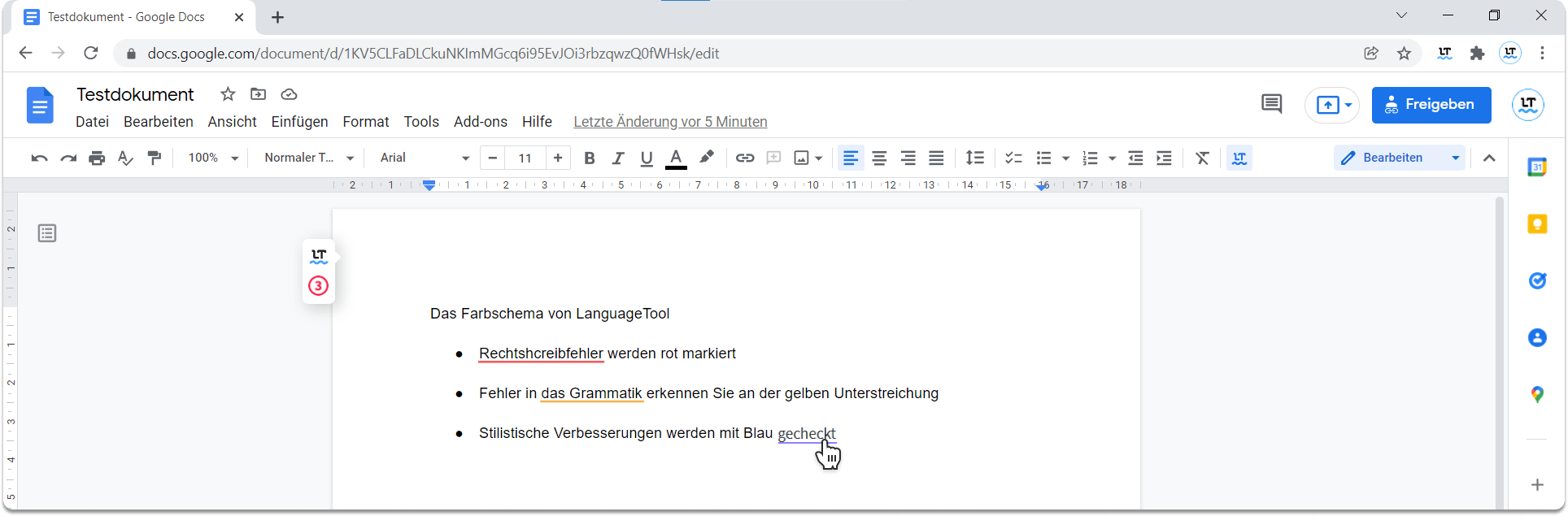 Durch die farblichen Unterstreichungen können Sie Fehler direkt im Text entdecken. 