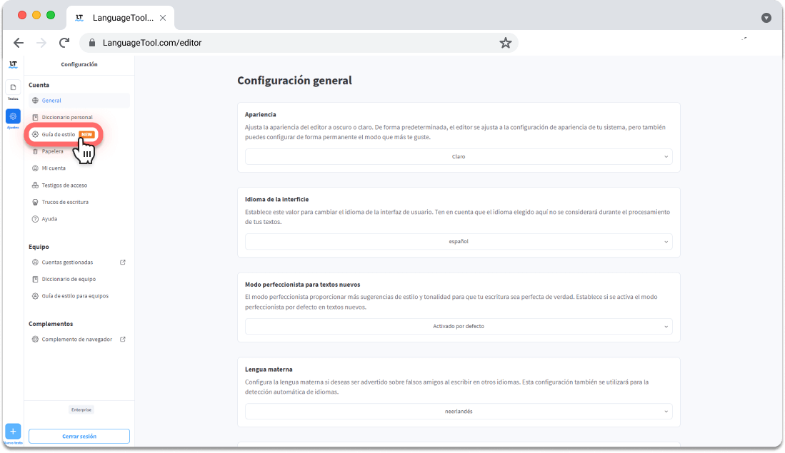 Guía de estilo de LanguageTool: acceso desde el editor.