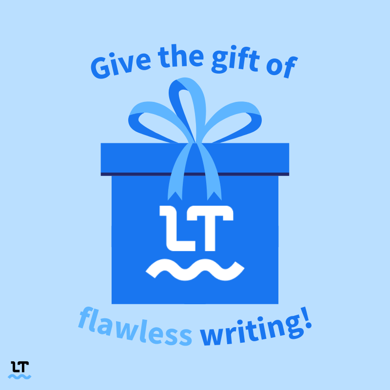 Graphic shows a gift box with the LanguageTool logo in the middle and the text encircling it reads "Give the gift of flawless writing!"