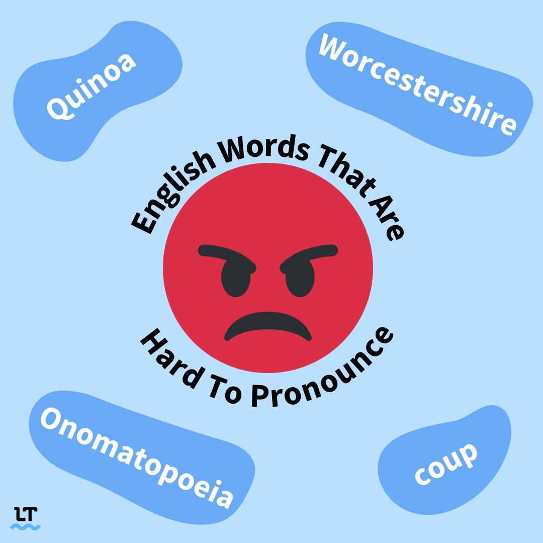 Image shows a frustrated face with hard English words to pronounce surrounding it. 