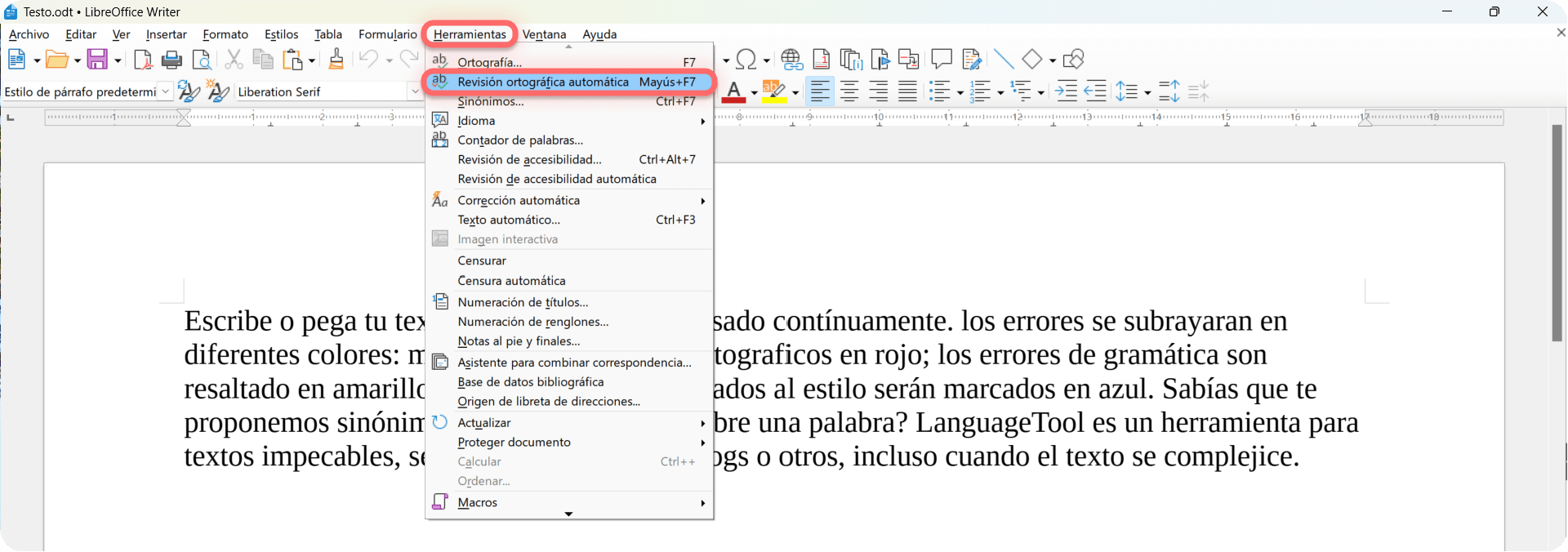 Revisión gramatical con LanguageTool y LibreOffice.