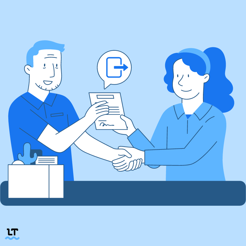 Image shows employer and employee shaking hands while exchanging a resignation letter. 