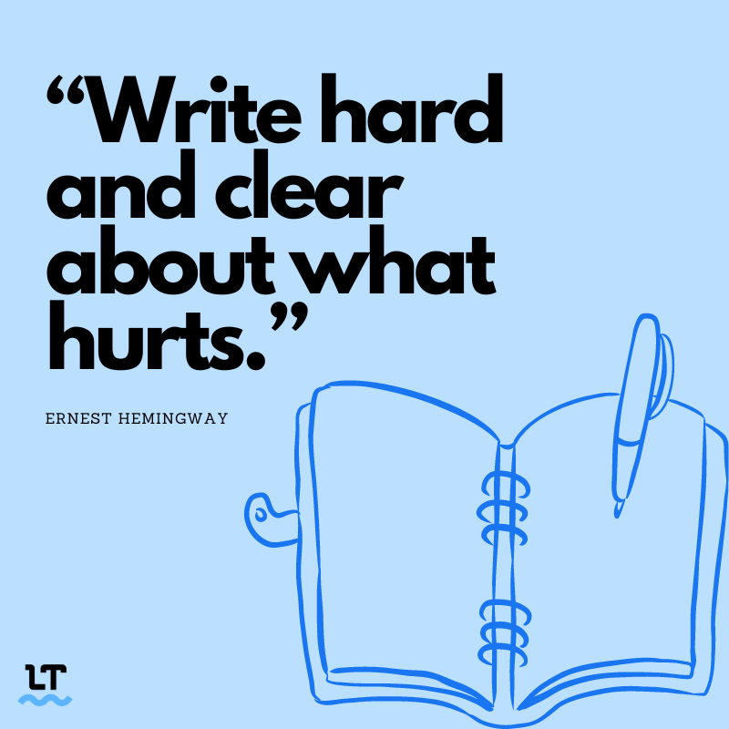 Graphic shows quote by Ernest Hemingway that reads, "Write hard and clear about what hurts."