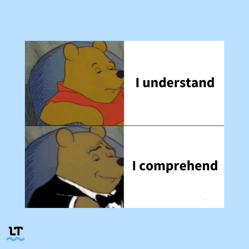 Meme shows regular Winnie the Pooh with text that reads "I understand" and fancy Winnie the Pooh with text that reads "I comprehend."