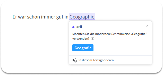 Screenshot 1: Geografie statt Geographie (Empfohlene Schreibweise)