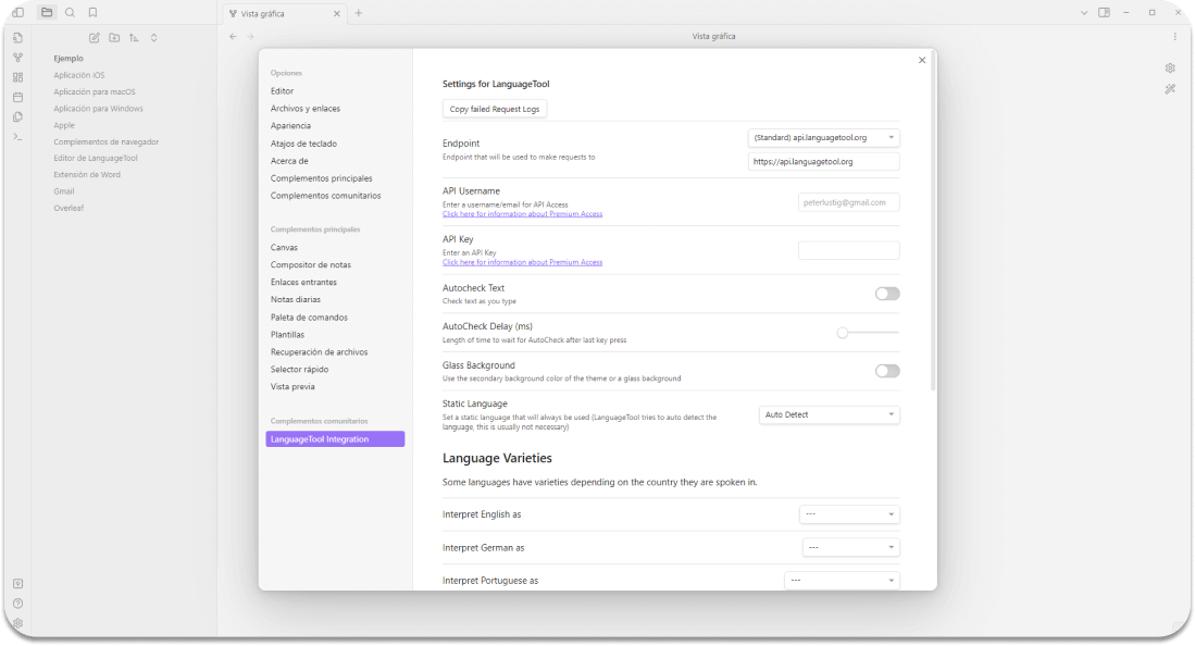 Integraciones, LanguageTool y Obsidian.