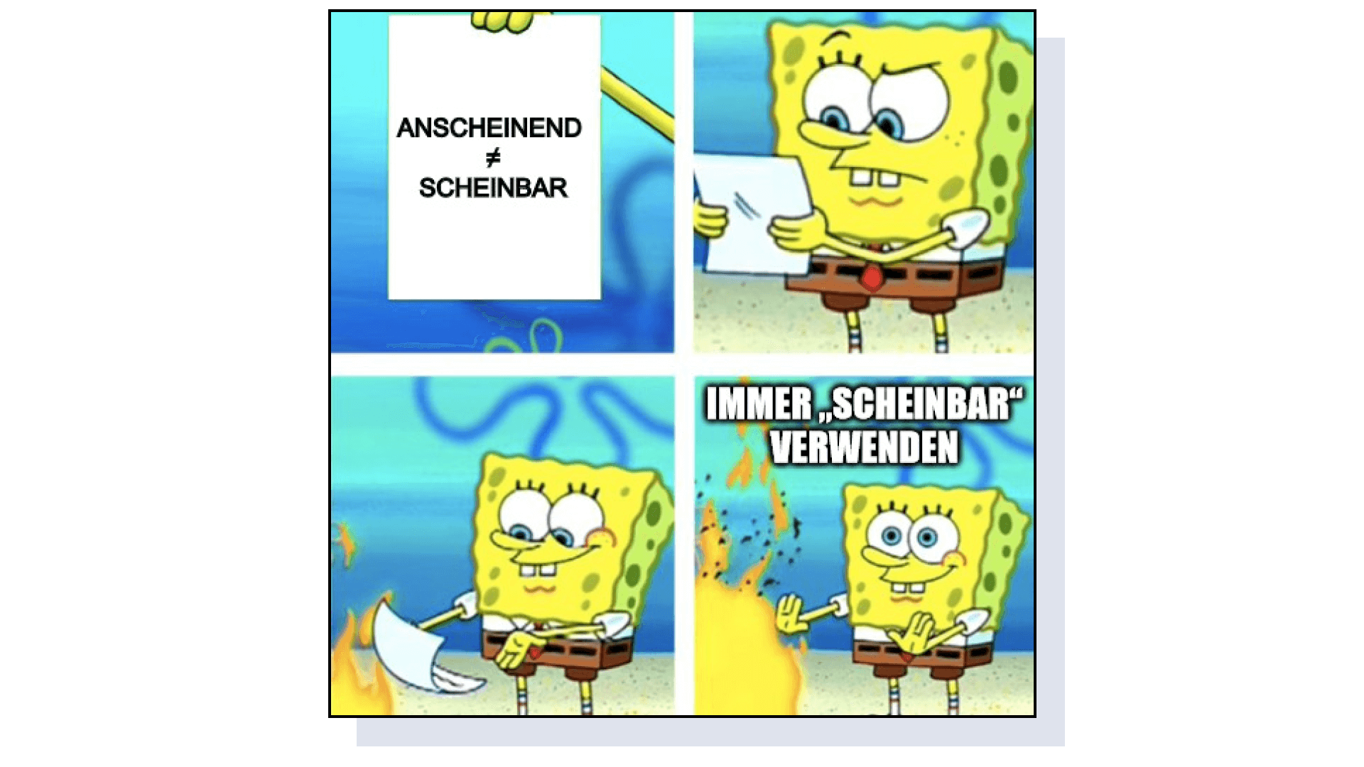 Meme zur Auseinaderhalten von „anscheinend“ und „scheinbar“.