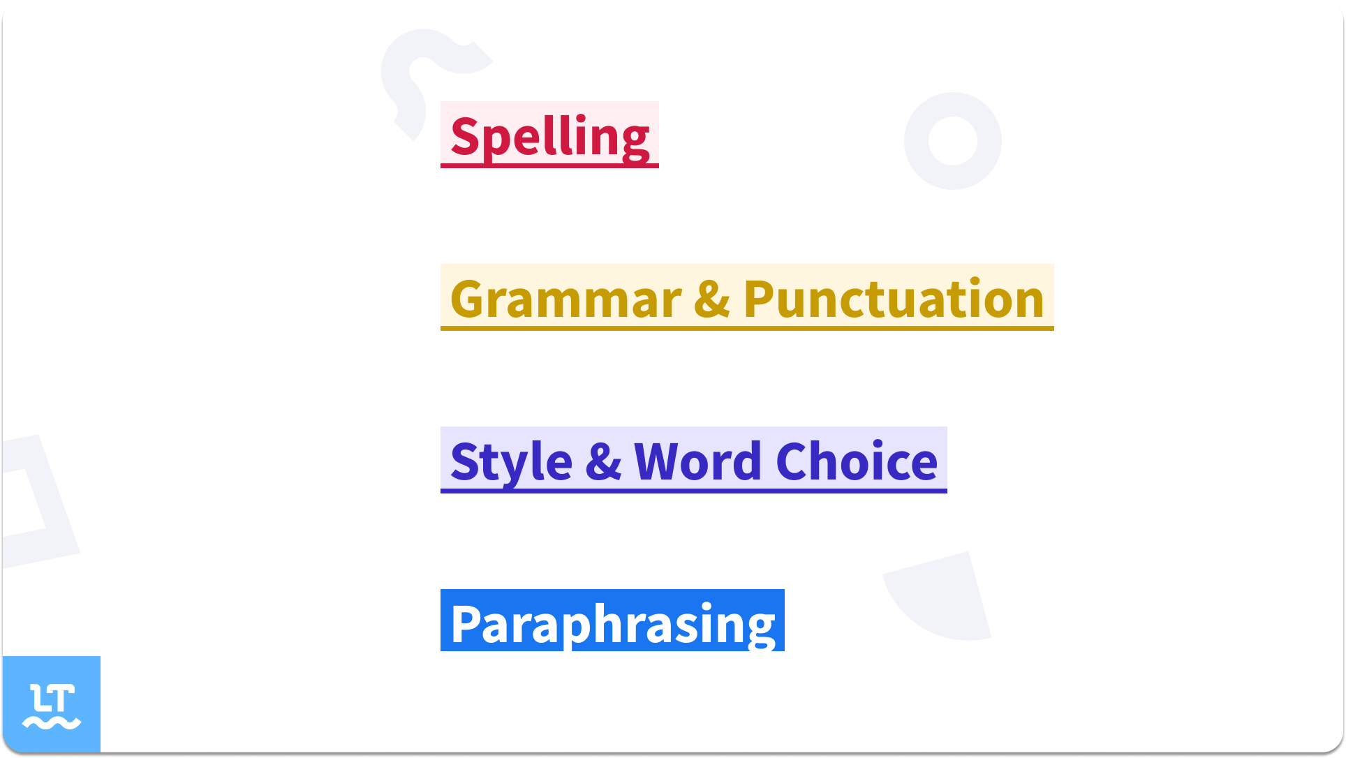 Image shows LanguageTool's color scheme: Red for spelling errors, yellow for grammar and punctuation, purple for style and word choice, blue for paraphrased sentences. 