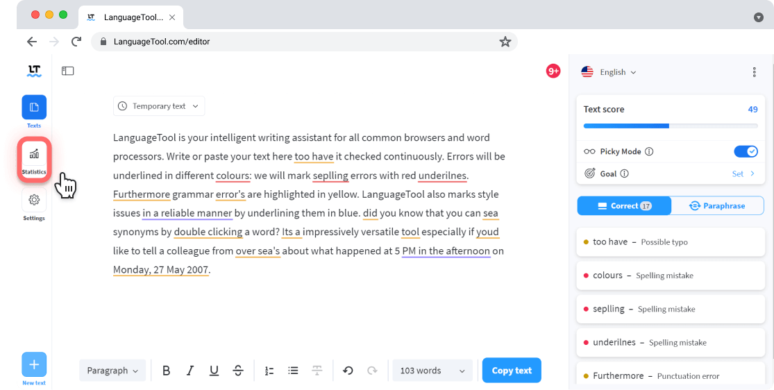 Screenshot shows LanguageTool's online editor and the Statistics button highlighted on the left-hand side. 