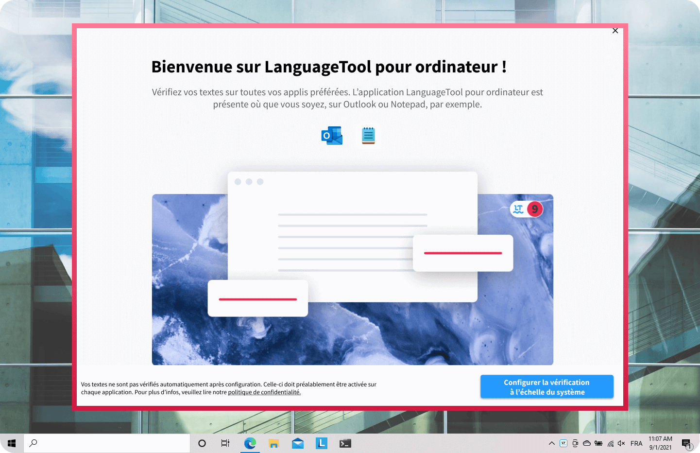 Écran de bienvenue après installation de l’application LanguageTool sur Windows.