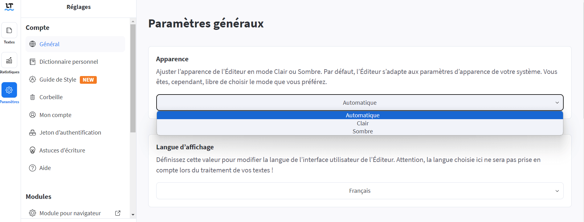 Passage en mode Sombre sur l’Éditeur du correcteur automatique LanguageTool