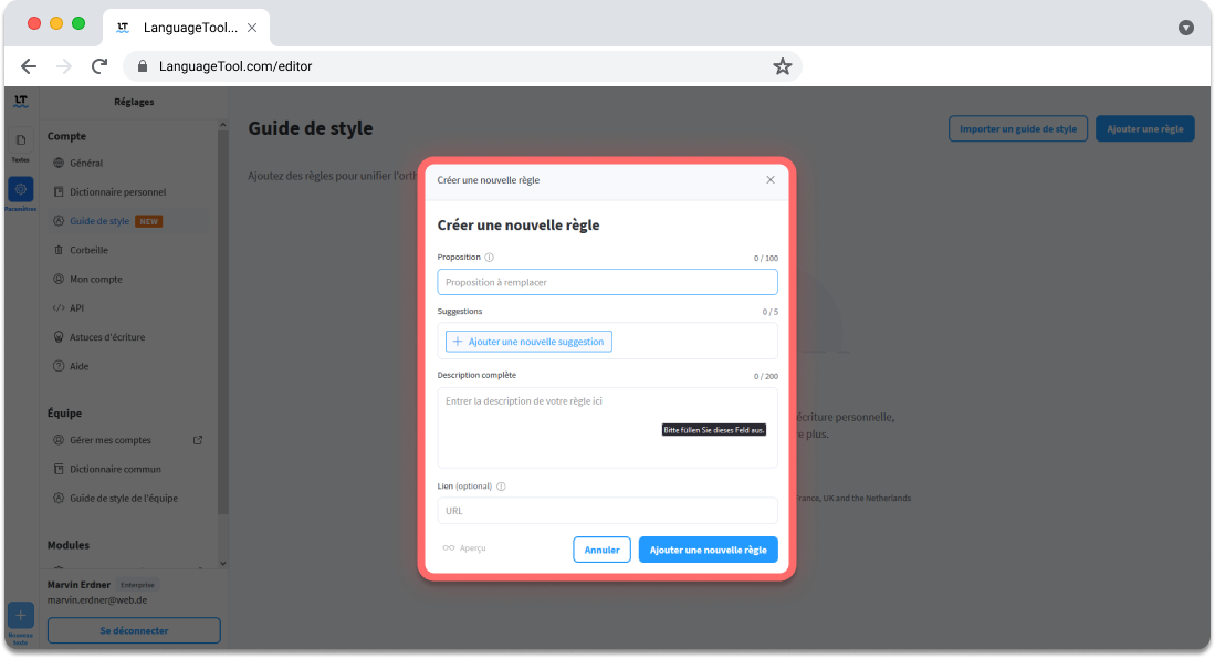 Capture d’écran de la création d’une nouvelle règle sur le guide de style LanguageTool.