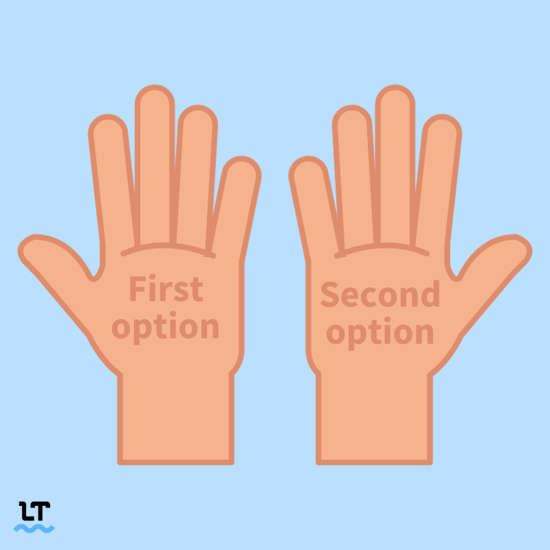 Image shows two hands. One says “first option” on the palm, and the other says “second option.”