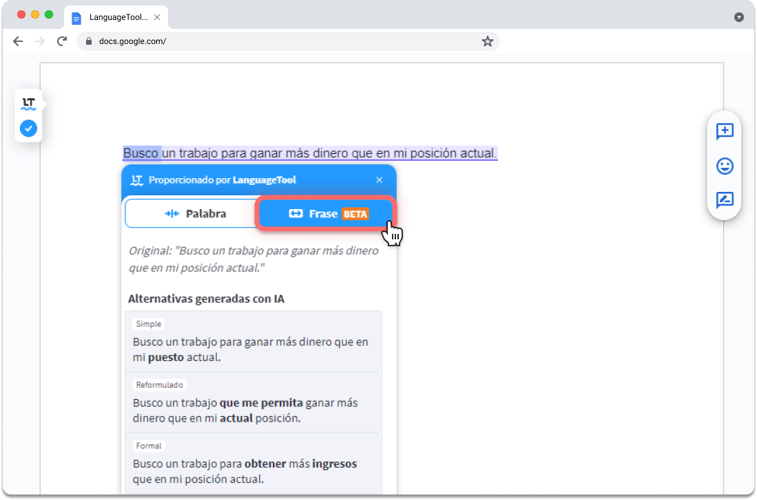 Cambia palabras automáticamente al hacer doble clic sobre ellas y ver otras opciones.