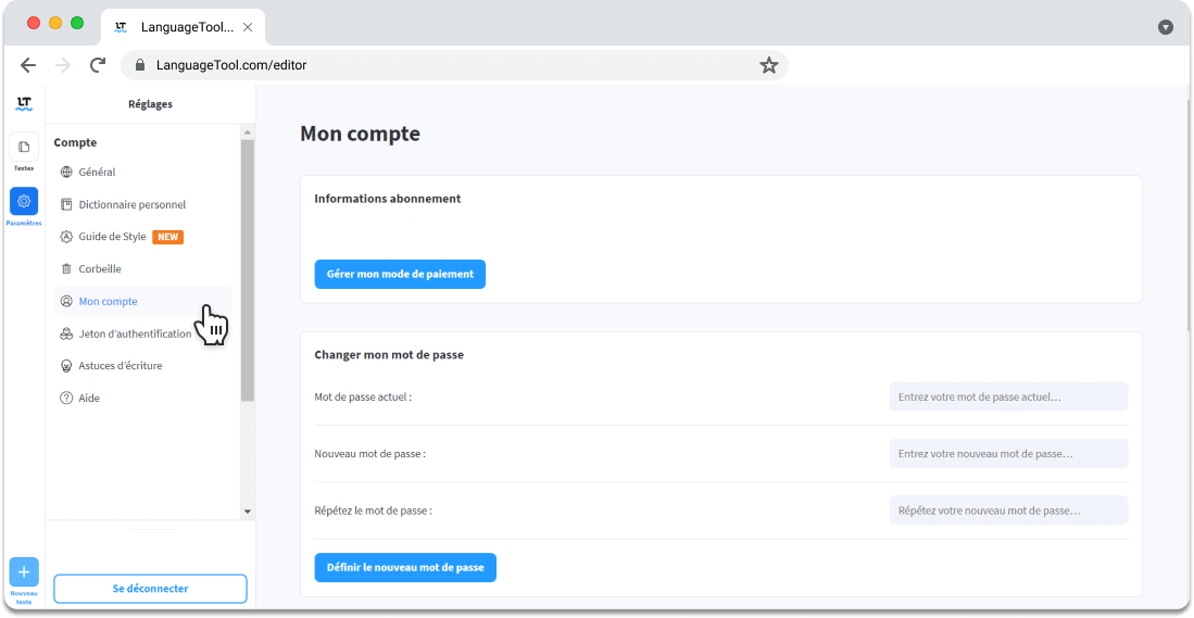 Modification des données de paiement dans l’Éditeur LanguageTool