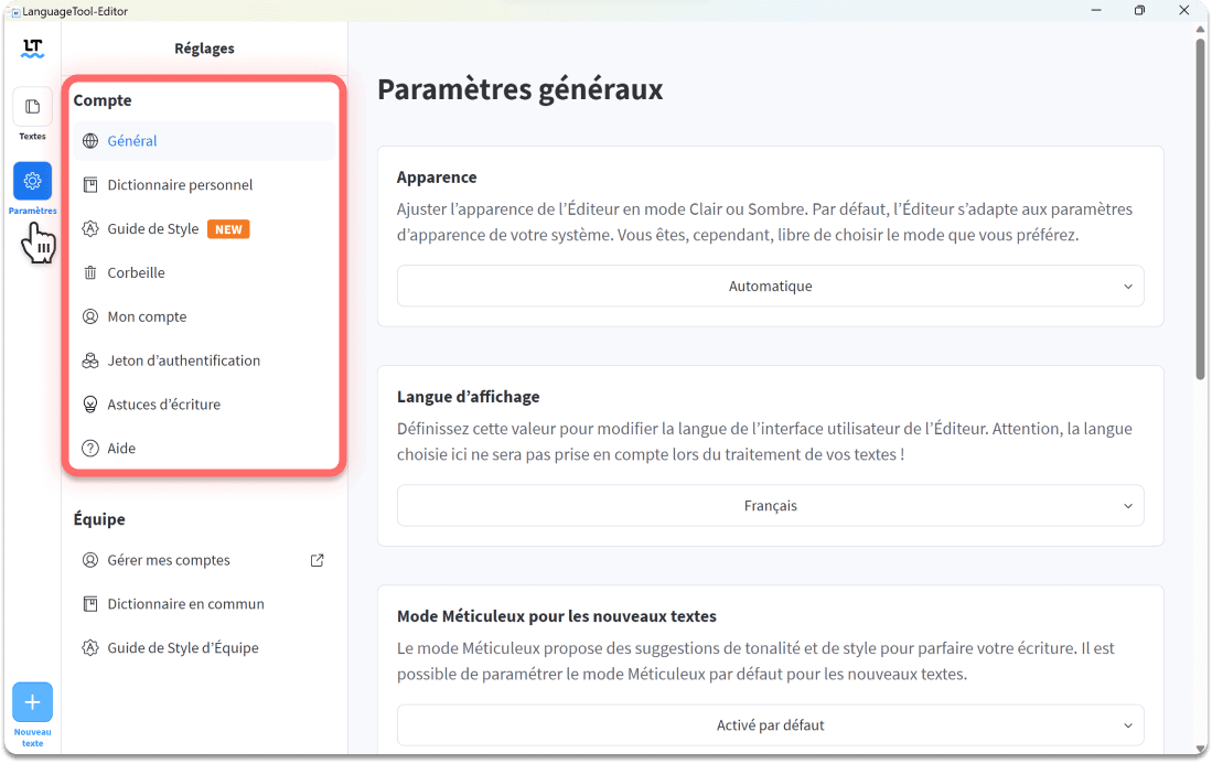 Réglages de l’Éditeur LanguageTool