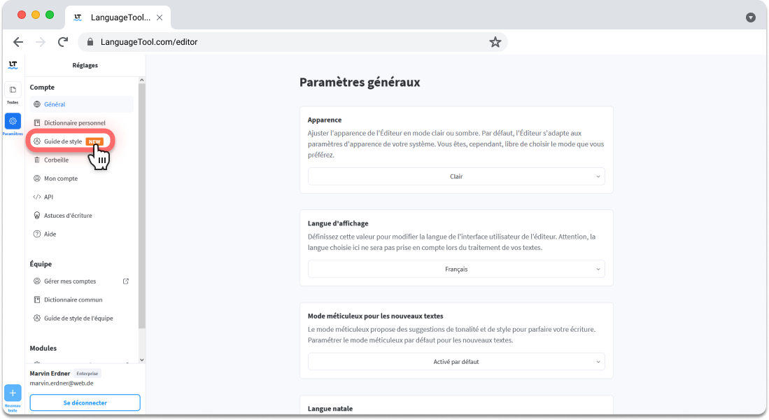 Gestion des paramètres de guide de style sur LanguageTool.