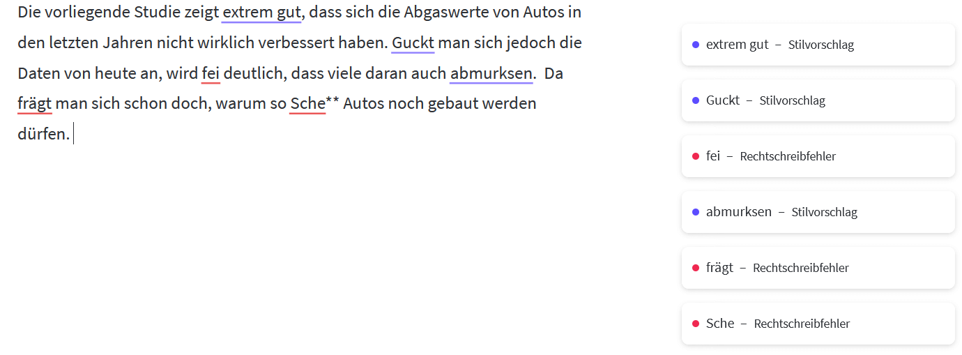 Rechtschreibfehler erscheinen in Rot, Stilfehler werden in Blau dargestellt. 