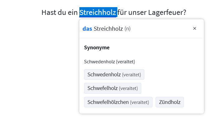 Der ausgewählte Begriff wird blau hinterlegt und die Information gibt Aufschluss auf Synonyme, Artikel und Wortart.