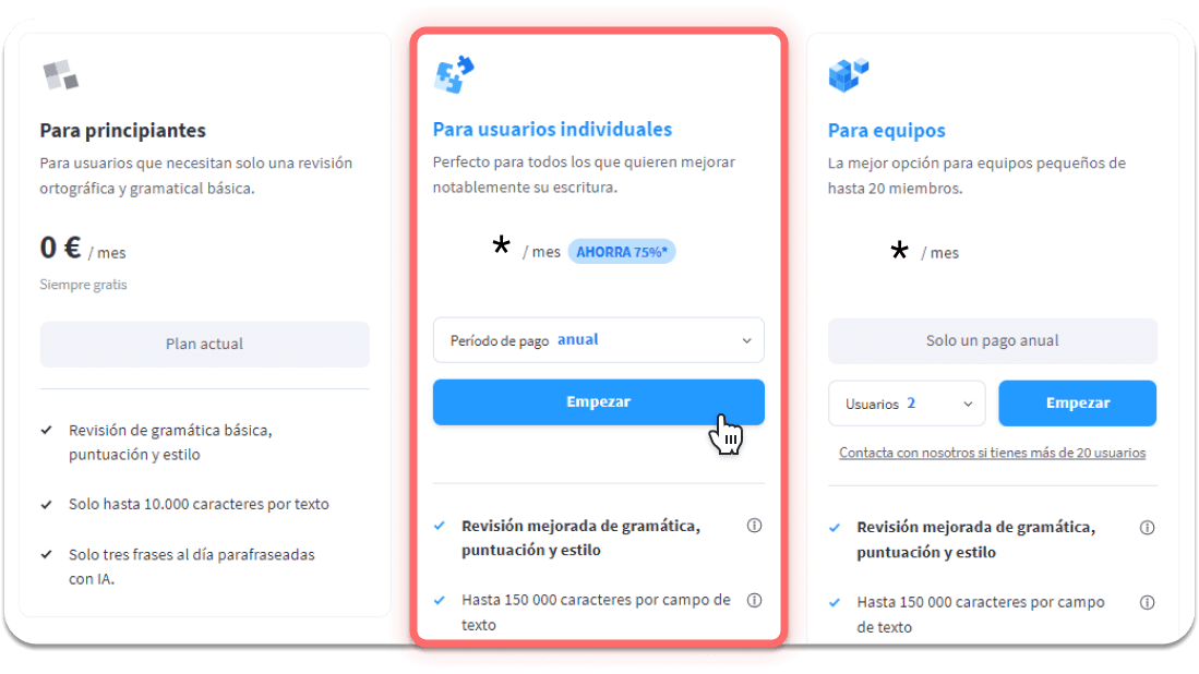 Precios de las cuentas básicas, Premium y para equipos de LanguageTool.