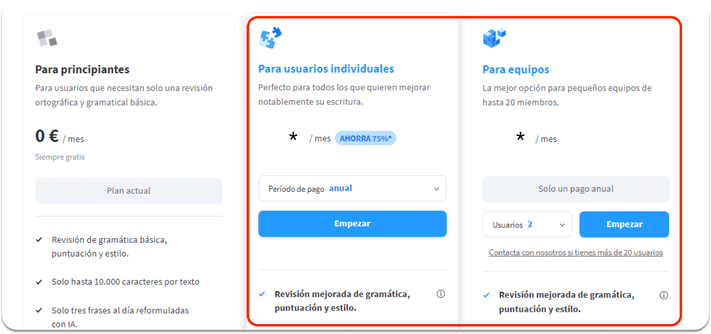 Precios cuentas Premium, para equipos e individual de LanguageTool.