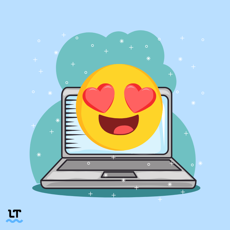 Graphic shows illustration of open laptop with heart-eyes emoji in front of it. 