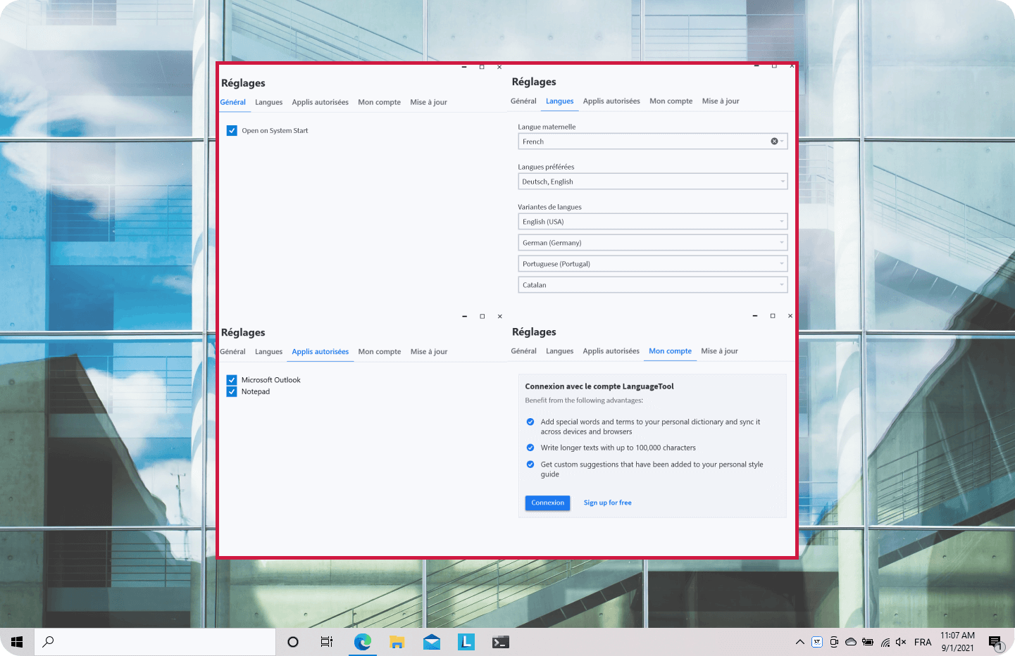 Paramétrage des réglages de l’application LanguageTool sur Windows.