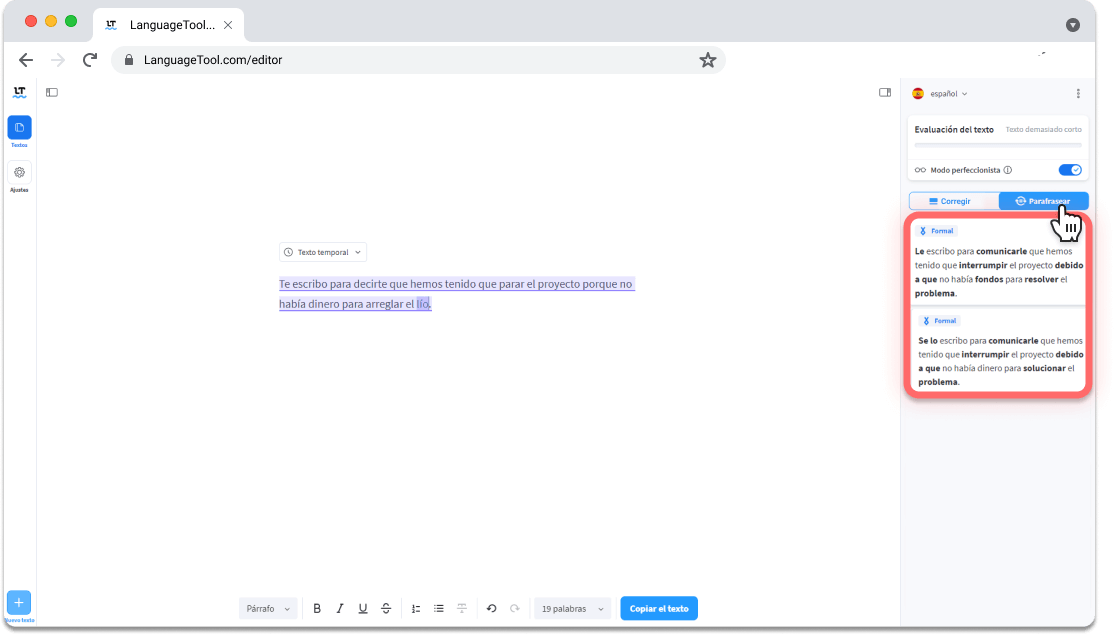 Reescribir textos para que sean más formales con el cambiador de palabras de LanguageTool.
