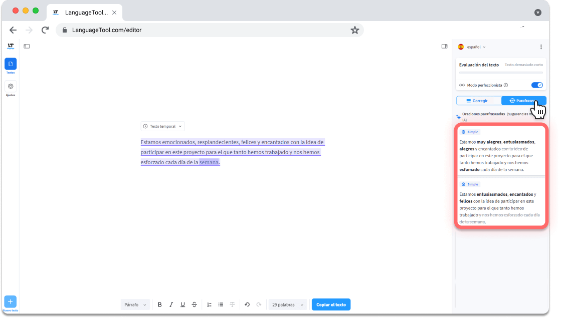 Cambiar palabras en tus textos para reescribirlos de manera más sencilla.