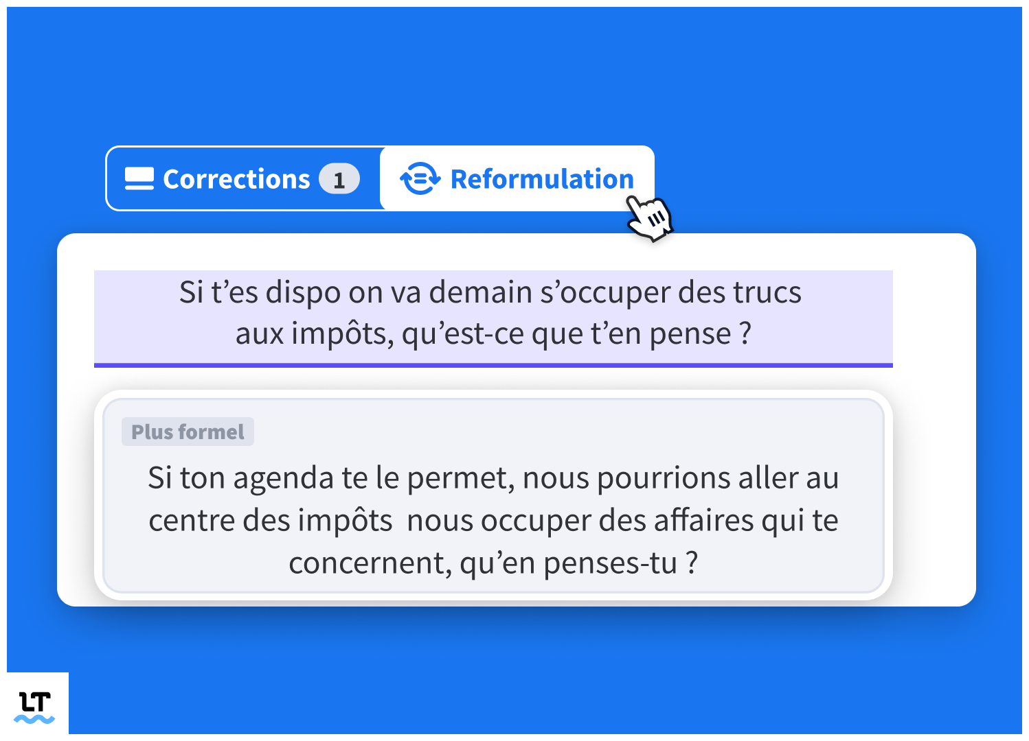 Exemple de reformulation en langue soutenue par le logiciel LanguageTool.