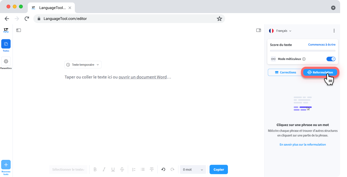 Activation de la fonction de reformulation sur le correcteur automatique LanguageTool.