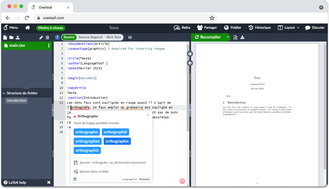 Messages de correction de LanguageTool sur Overleaf.