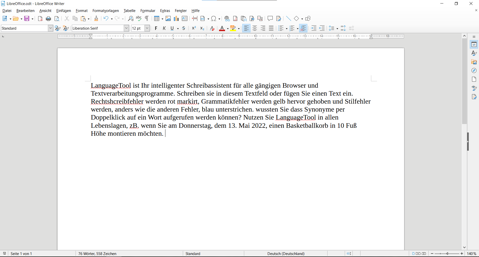 Screenshot 2: Textfeld in LibreOffice ohne Korrekturen durch LanguageTool