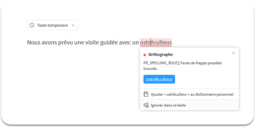 Capture d’écran d'un type d’erreur détecté par le logiciel LanguageTool