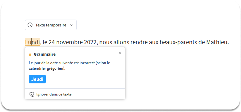 Capture d'écran d'une erreur de grammaire détectée par LanguageTool