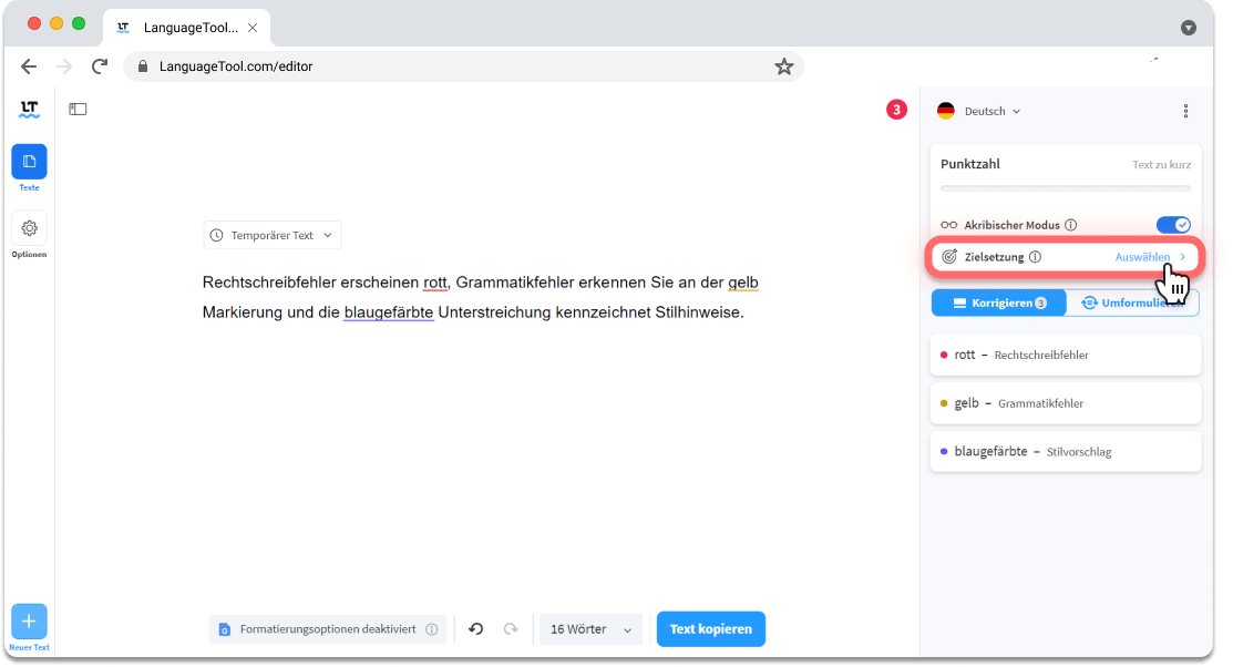 Screenshot 1: Setzen Sie das Schreibziel im LanguageTool-Editor