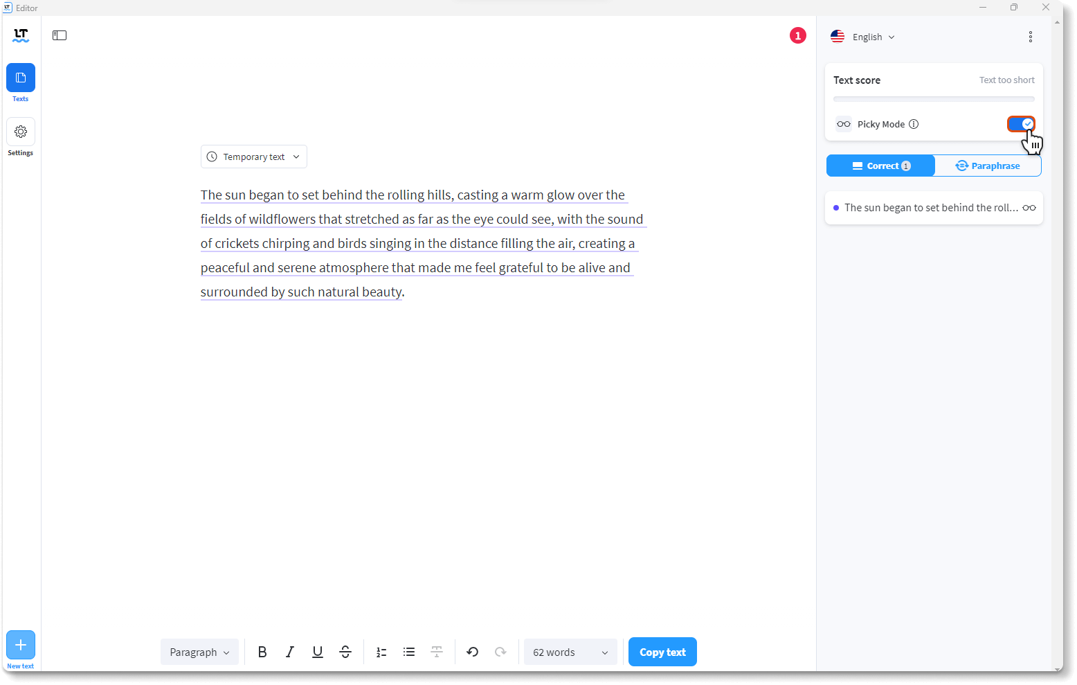 Screenshot shows LanguageTool Editor with a long sentence. 