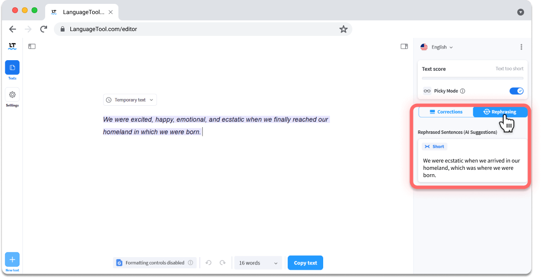 This screenshot shows an example of the tool rephrasing a sentence to be shorter. 