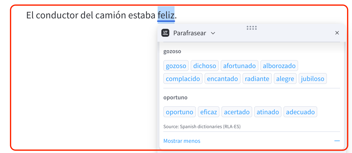 Más sinónimos de la palabra feliz que puedes consultar en LanguageTool.