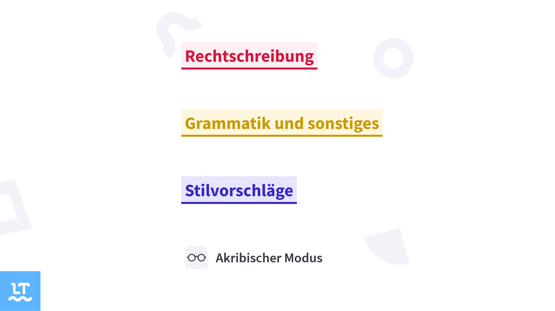 Rechtschreibfehler in Rot, Grammatikfehler in Gelb, Stilvorschläge in Blau