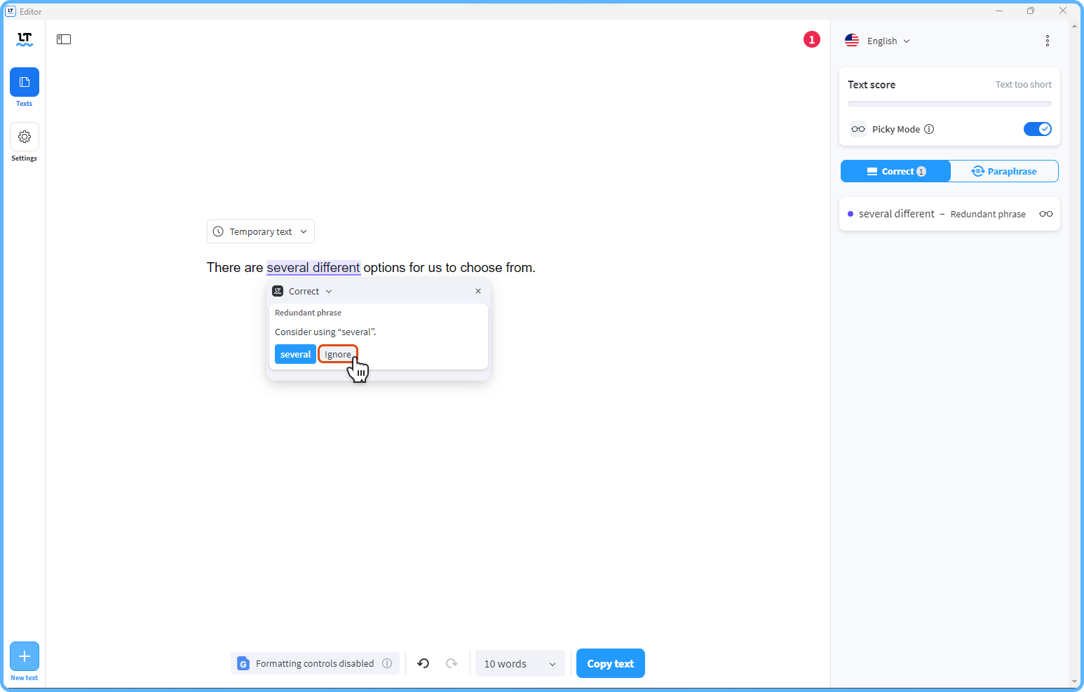 LanguageTool screenshot shows how to "ignore" rules on a certain text. 