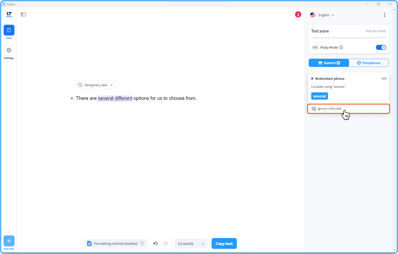 LanguageTool screenshot shows how second way to temporarily ignore rules in a certain document. 