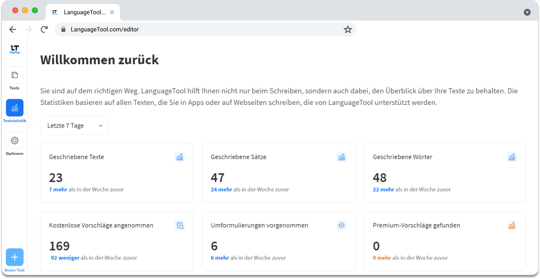Screenshot 2: Texte, Wörter, Sätze, Korrekturen, Fehler und Umformulierungen werden gezählt